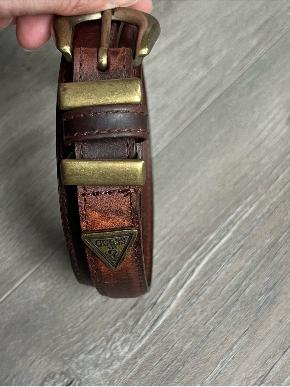 Vintage Guess Brown Genuine Leather Belt Brass Buckle Logo Size Medium